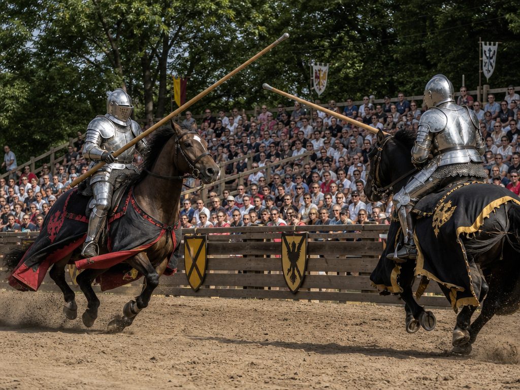 Two armored knights on horses joust in a packed outdoor arena.